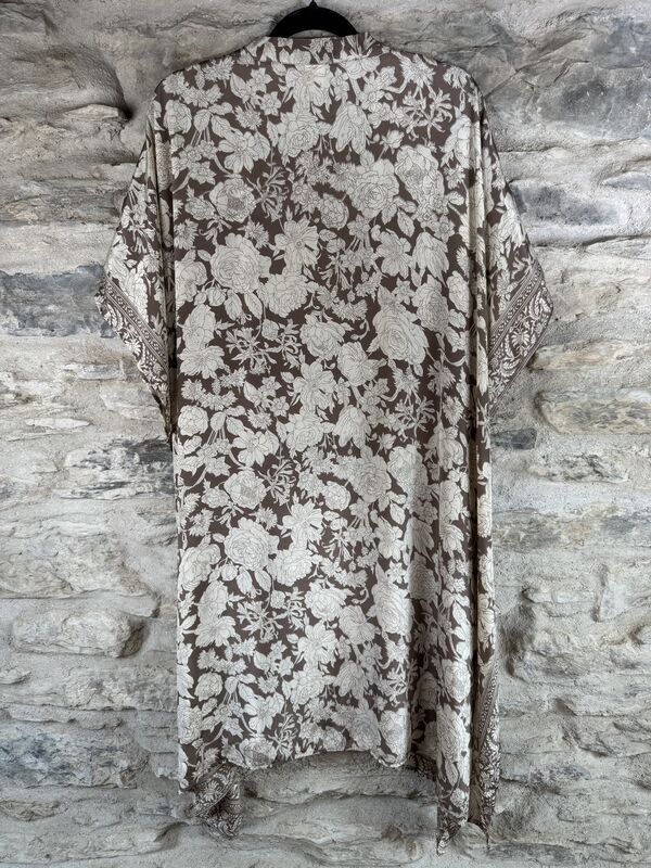 SALE // SHORTER LONG KIMONO STYLE JACKET ONE SIZE UK10 to 28:  grey/browne and white  - product images  of 