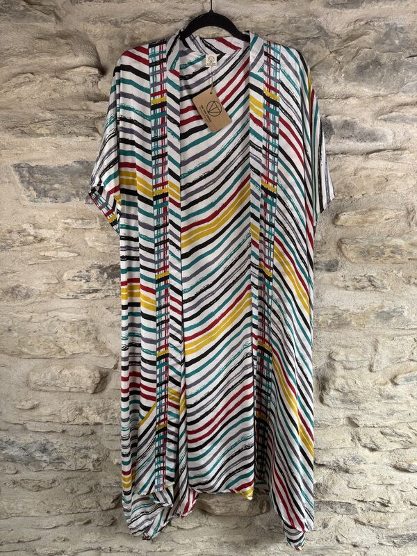 SALE // LONG KIMONO STYLE JACKET ONE SIZE UK10 to 28: white with blue, black, red, yellow lines - product images  of 