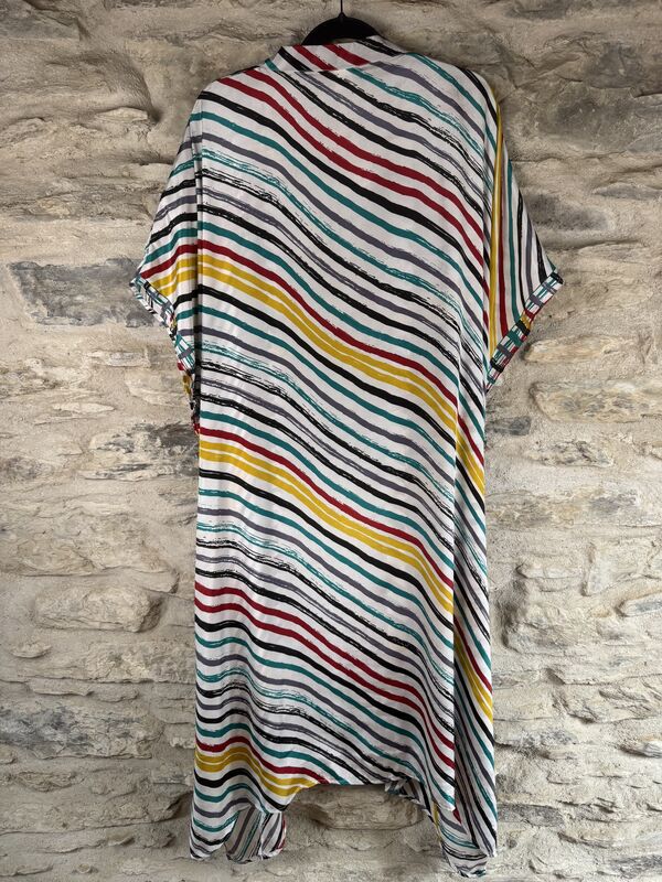 SALE // LONG KIMONO STYLE JACKET ONE SIZE UK10 to 28: white with blue, black, red, yellow lines - product images  of 