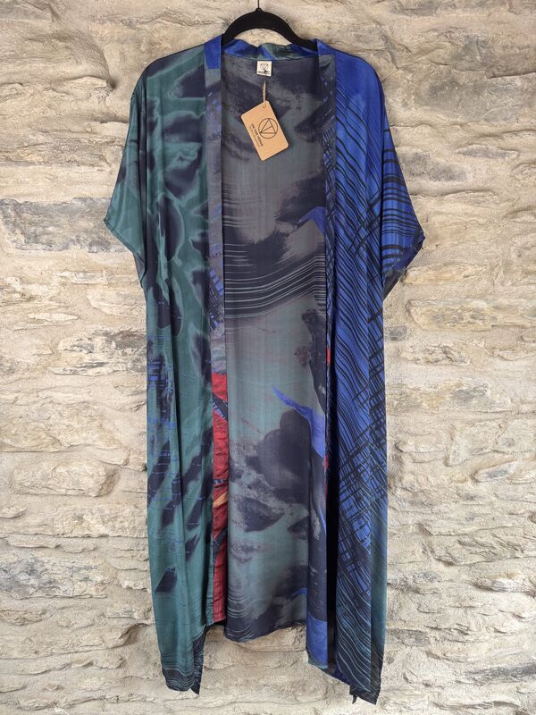 SALE // LONG KIMONO STYLE JACKET ONE SIZE UK10 to 28: blue, abstract - product images  of 