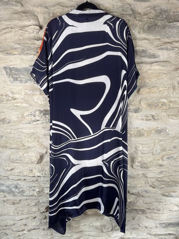 SALE // LONG KIMONO STYLE JACKET ONE SIZE UK10 to 28: blue, white, burnt orange, abstract - product images  of 