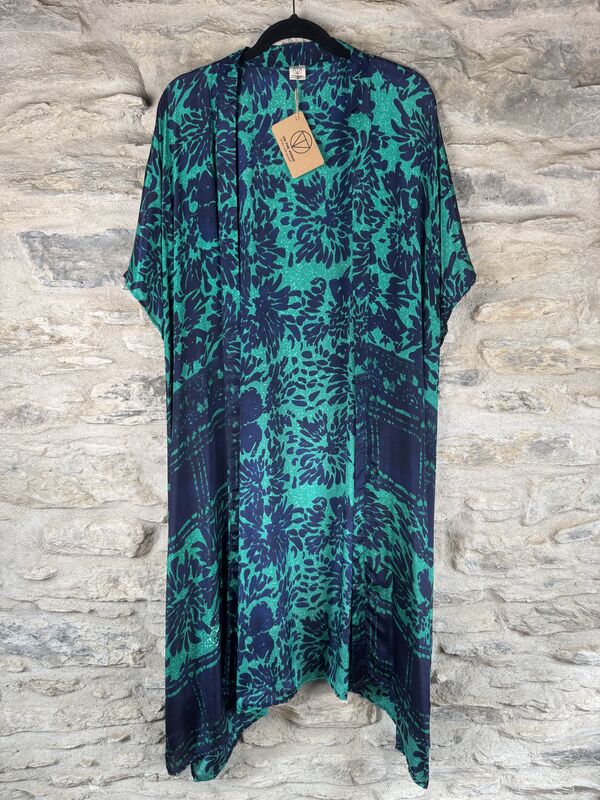 SALE // LONG KIMONO STYLE JACKET ONE SIZE UK10 to 28: green, blue, floral - product images  of 