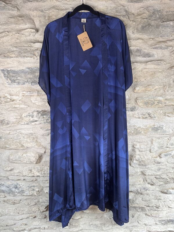 SALE // LONG KIMONO STYLE JACKET ONE SIZE UK10 to 28: navy blue, white, abstract - product images  of 