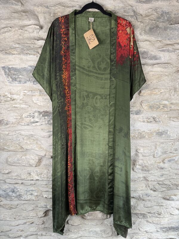 SALE // LONG KIMONO STYLE JACKET ONE SIZE UK10 to 28: green, red, yellow, abstract - product images  of 