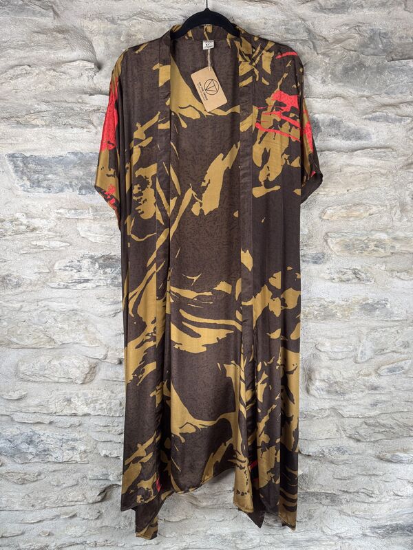 SALE // LONG KIMONO STYLE JACKET ONE SIZE UK10 to 28: brown, gold, abstract - product images  of 