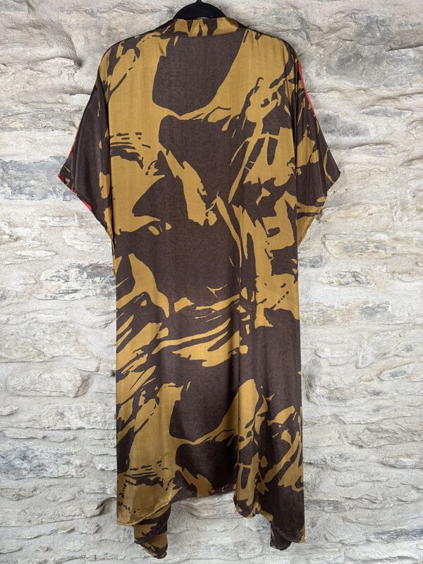 SALE // LONG KIMONO STYLE JACKET ONE SIZE UK10 to 28: brown, gold, abstract - product images  of 
