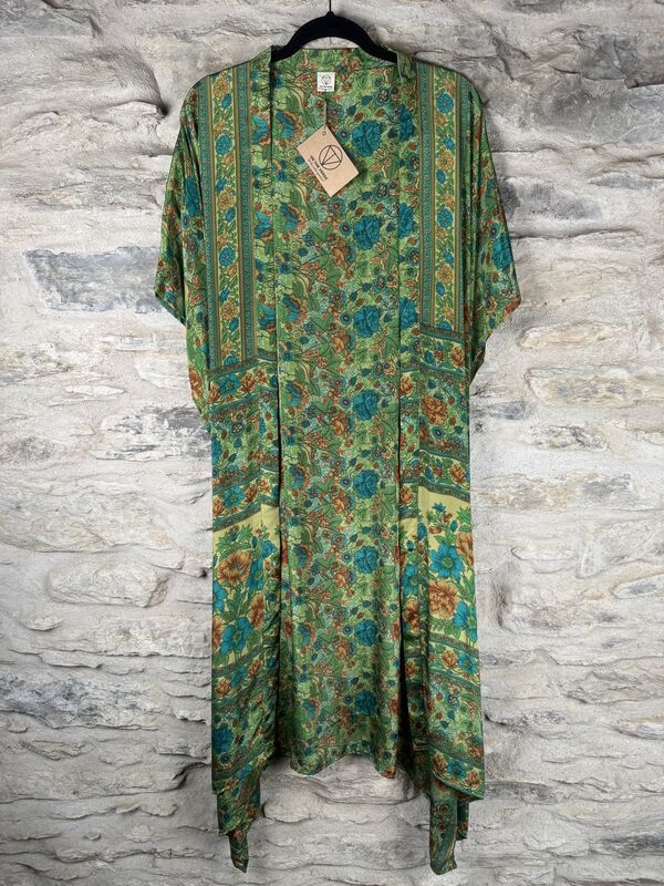 SALE // LONG KIMONO STYLE JACKET ONE SIZE UK10 to 28: green, blue, floral - product images  of 