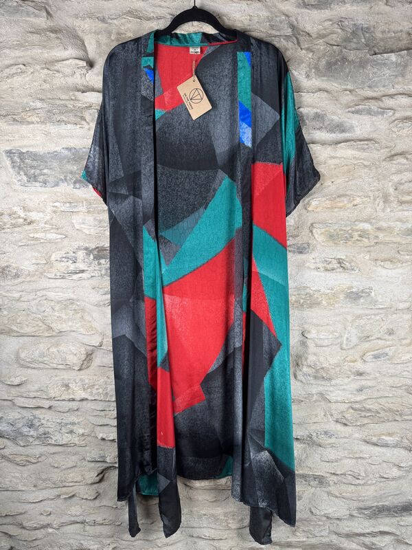 SALE // LONG KIMONO STYLE JACKET ONE SIZE UK10 to 28: black, green, blue, red, abstract - product images  of 