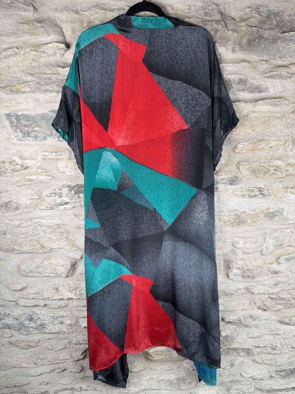 SALE // LONG KIMONO STYLE JACKET ONE SIZE UK10 to 28: black, green, blue, red, abstract - product images  of 