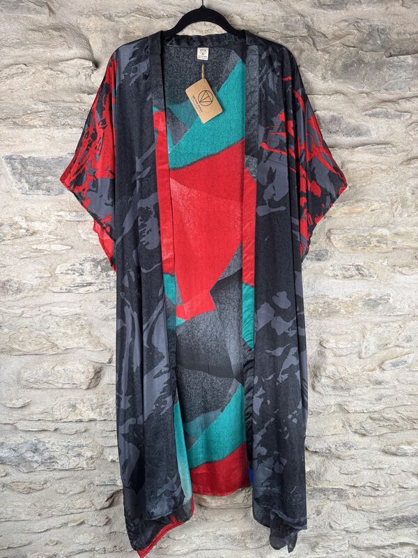 SALE // LONG KIMONO STYLE JACKET ONE SIZE UK10 to 28: black, green, red, abstract - product images  of 