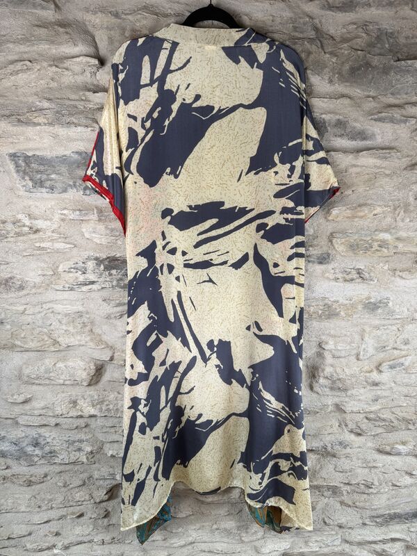 SALE // LONG KIMONO STYLE JACKET ONE SIZE UK10 to 28: cream, red, grey, blue, abstract - product images  of 