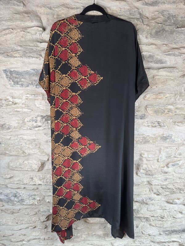 SALE // LONG KIMONO STYLE JACKET ONE SIZE UK10 to 28: black, gold, red, abstract - product images  of 