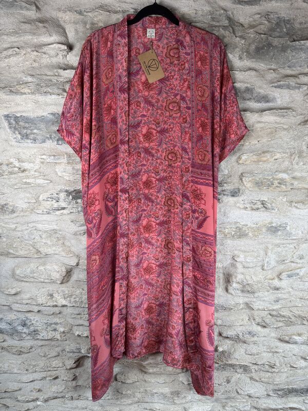 SALE // LONG KIMONO STYLE JACKET ONE SIZE UK10 to 28: sweet pink, floral - product images  of 