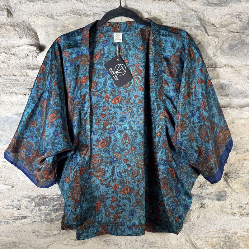 PETITE KIMONO STYLE JACKET UK8 to UK12: turquoise blue and gold, floral - product images  of 