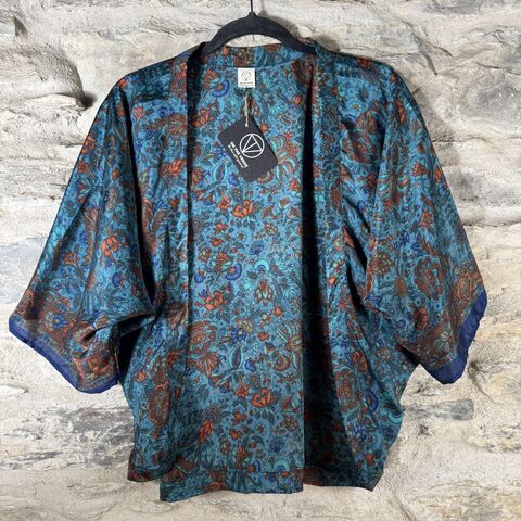 PETITE,KIMONO,STYLE,JACKET,UK8,to,UK12:,turquoise,blue,and,gold,,floral,turquoise blue and gold, floral, Petite, Kimono, style, jacket, handmade, ireland 