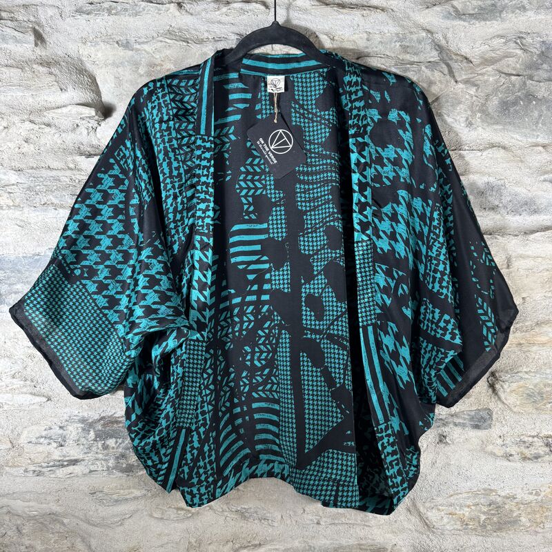 PETITE KIMONO STYLE JACKET UK8 to UK12: teal and black, cool abstract  - product images  of 