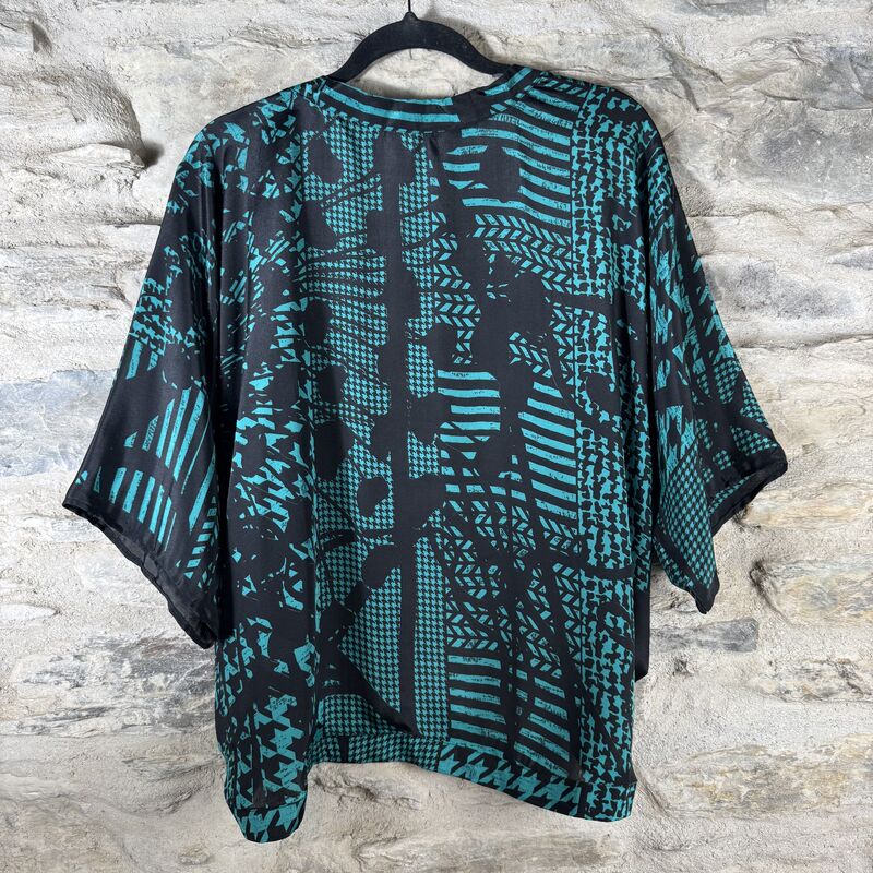 PETITE KIMONO STYLE JACKET UK8 to UK12: teal and black, cool abstract  - product images  of 