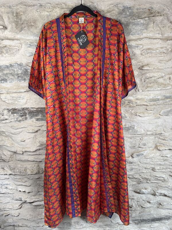 NEW EXTRAVAGANT LONG KIMONO STYLE JACKET UK10 to 28: hot pink, orange with some purple and gold threads - product images  of 