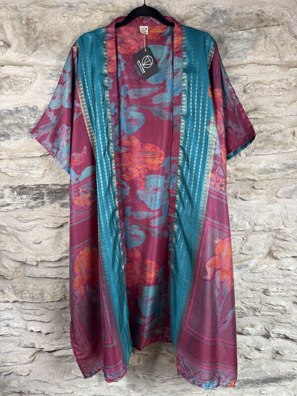 NEW EXTRAVAGANT LONG KIMONO STYLE JACKET UK10 to 28: mauve and teal with  gold threads - product images  of 