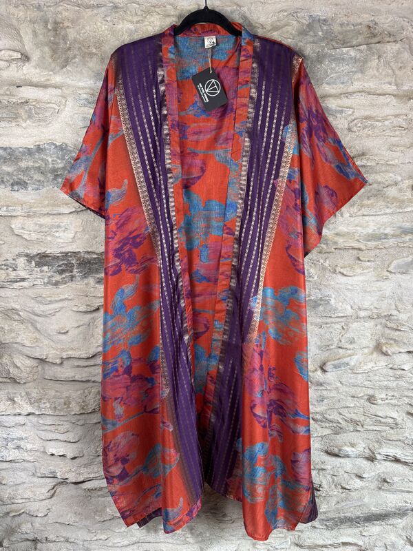 NEW EXTRAVAGANT LONG KIMONO STYLE JACKET UK10 to 28: deep rust, blue, purple, gold threads - product images  of 