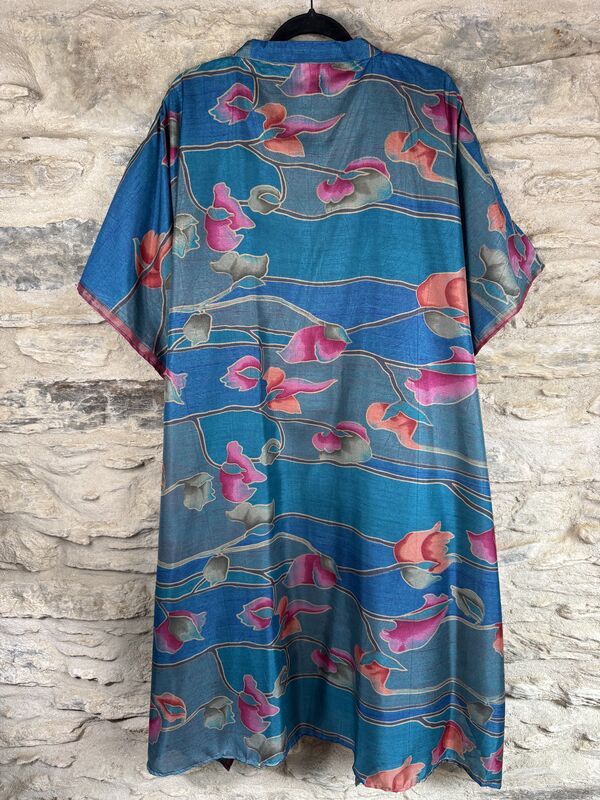 NEW EXTRAVAGANT LONG KIMONO STYLE JACKET UK10 to 28: blue with pink  - product images  of 