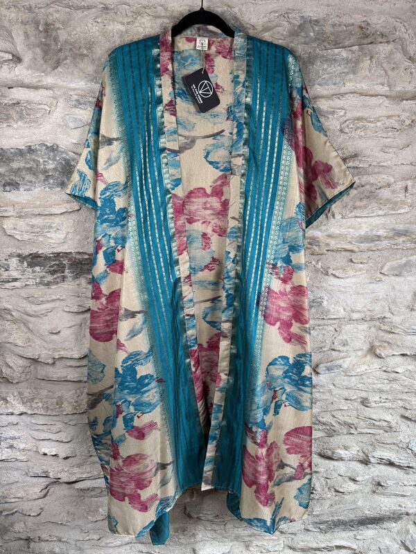 NEW EXTRAVAGANT LONG KIMONO STYLE JACKET UK10 to 28: cream, blue, pink with gold threads, floral - product images  of 