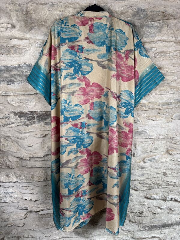 NEW EXTRAVAGANT LONG KIMONO STYLE JACKET UK10 to 28: cream, blue, pink with gold threads, floral - product images  of 