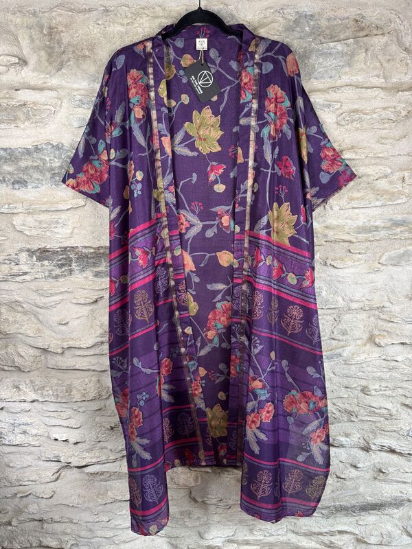 NEW EXTRAVAGANT LONG KIMONO STYLE JACKET UK10 to 28: purple, lime, pink with gold threads, floral - product images  of 