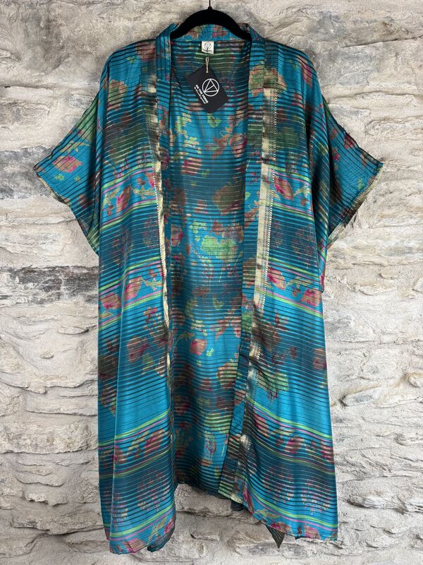 SHORTER LONG KIMONO STYLE JACKET ONE SIZE UK10 to 28:  aqua blue, green, gold threads, floral - product images  of 