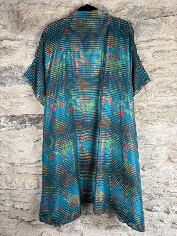 SHORTER LONG KIMONO STYLE JACKET ONE SIZE UK10 to 28:  aqua blue, green, gold threads, floral - product images  of 