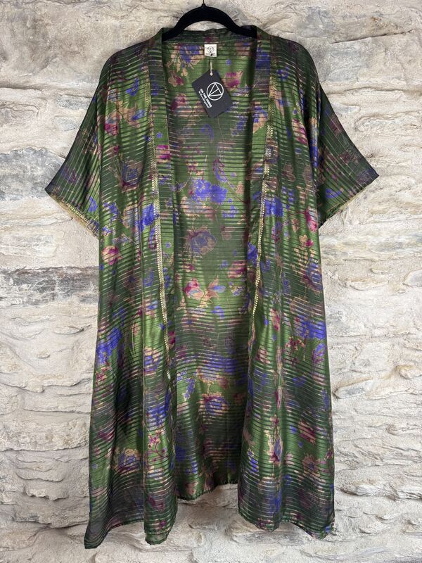 SHORTER LONG KIMONO STYLE JACKET ONE SIZE UK10 to 28: green, purple, pink, gold threads, floral - product images  of 
