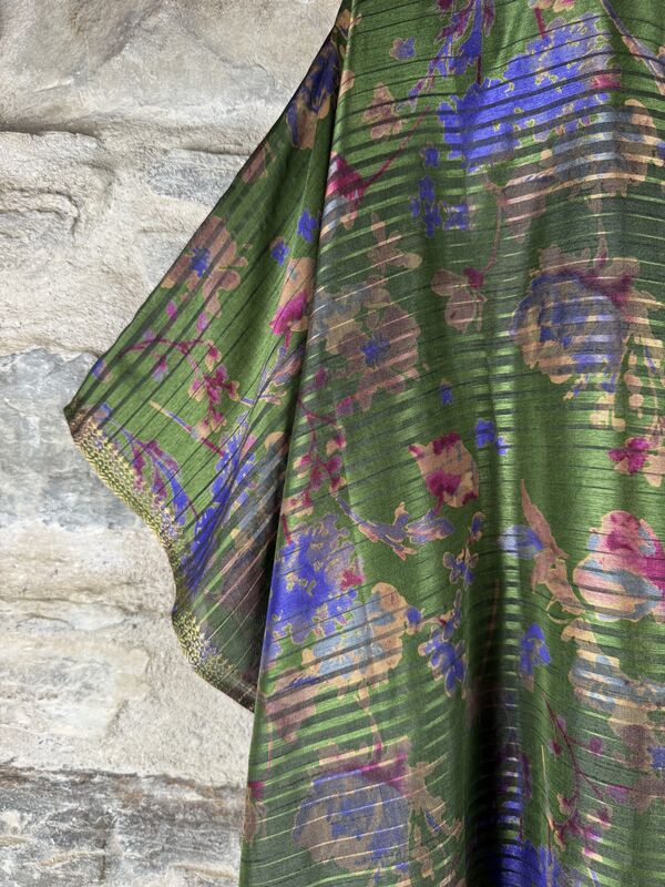 SHORTER LONG KIMONO STYLE JACKET ONE SIZE UK10 to 28: green, purple, pink, gold threads, floral - product images  of 