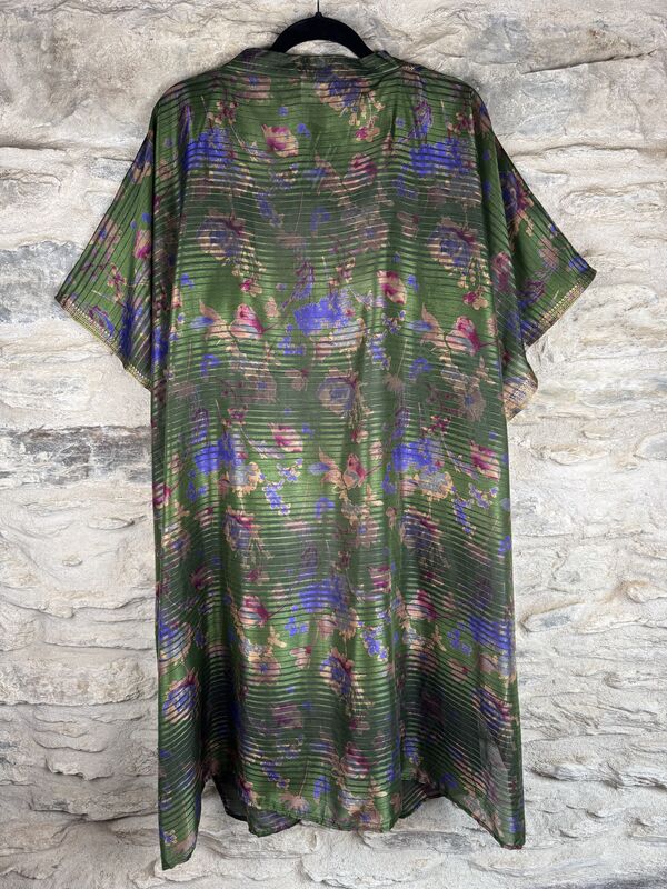 SHORTER LONG KIMONO STYLE JACKET ONE SIZE UK10 to 28: green, purple, pink, gold threads, floral - product images  of 