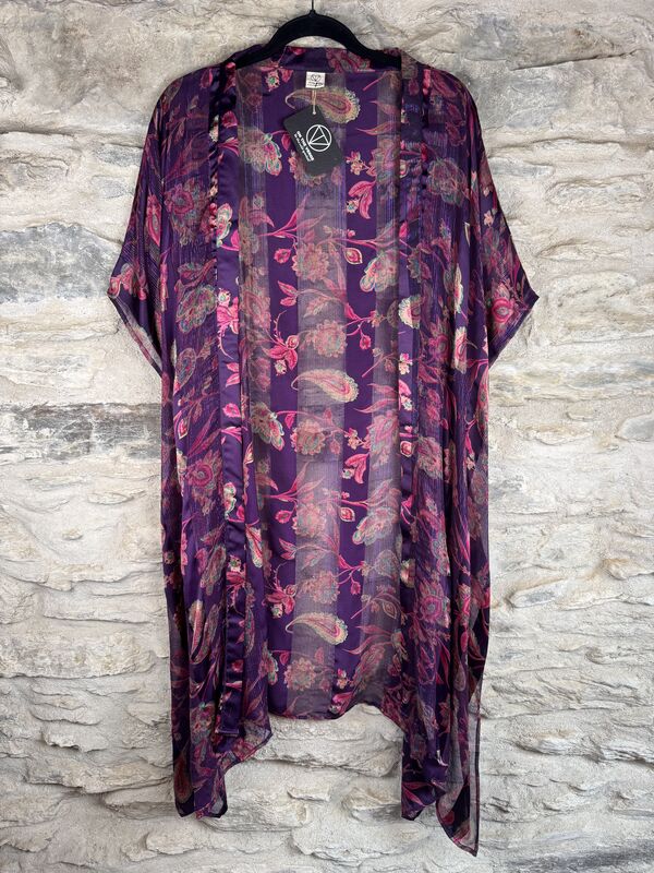 SHORTER LONG KIMONO STYLE JACKET ONE SIZE UK10 to 28: purple, pink, floral - product images  of 