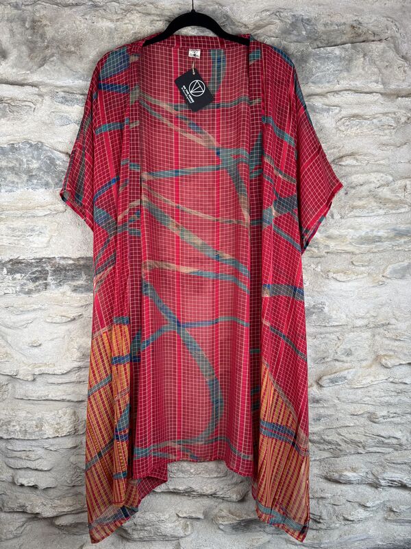 SHORTER LONG KIMONO STYLE JACKET ONE SIZE UK10 to 28: pink, blue, metallic threads - product images  of 