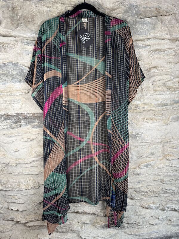 SHORTER LONG KIMONO STYLE JACKET ONE SIZE UK10 to 28: night blue, pink, teal, metallic threads - product images  of 