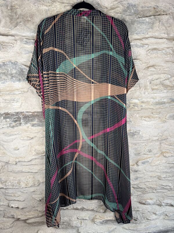 SHORTER LONG KIMONO STYLE JACKET ONE SIZE UK10 to 28: night blue, pink, teal, metallic threads - product images  of 