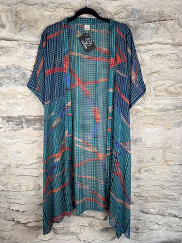 SHORTER,LONG,KIMONO,STYLE,JACKET,ONE,SIZE,UK10,to,28:,teal,,red,,copper,,electric,blue,,metallic,threads,Teal, abstract, long, Kimono, style, jacket, curvy, plus, size, on, the, verge