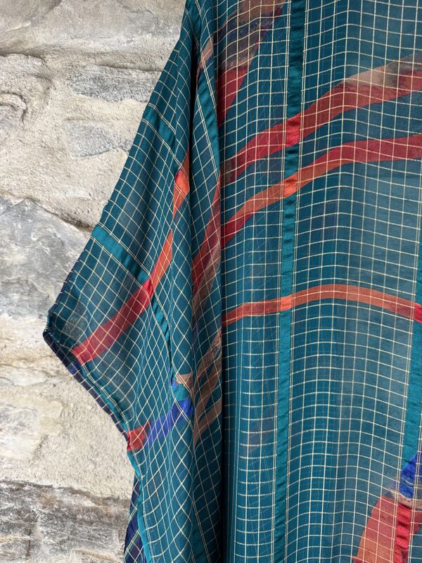 SHORTER LONG KIMONO STYLE JACKET ONE SIZE UK10 to 28: teal, red, copper, electric blue, metallic threads - product images  of 