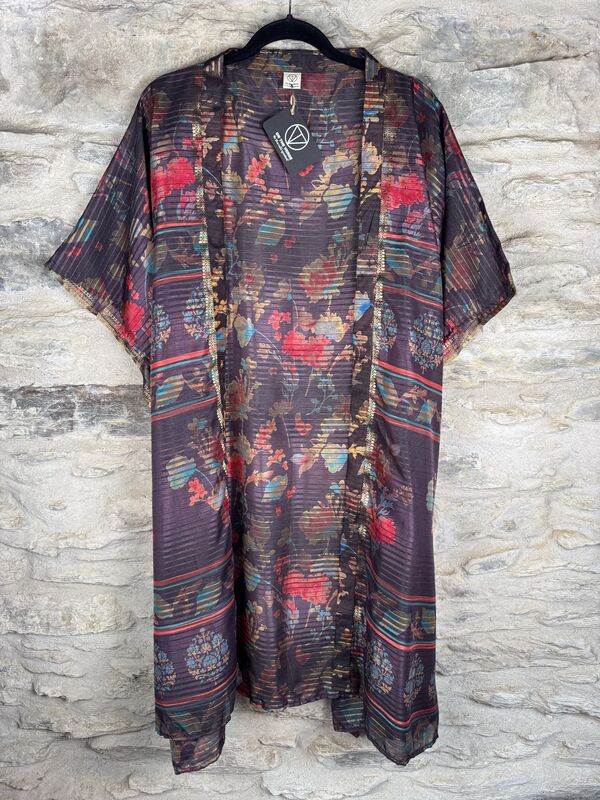 SHORTER LONG KIMONO STYLE JACKET ONE SIZE UK10 to 28: purple, pink, floral - product images  of 