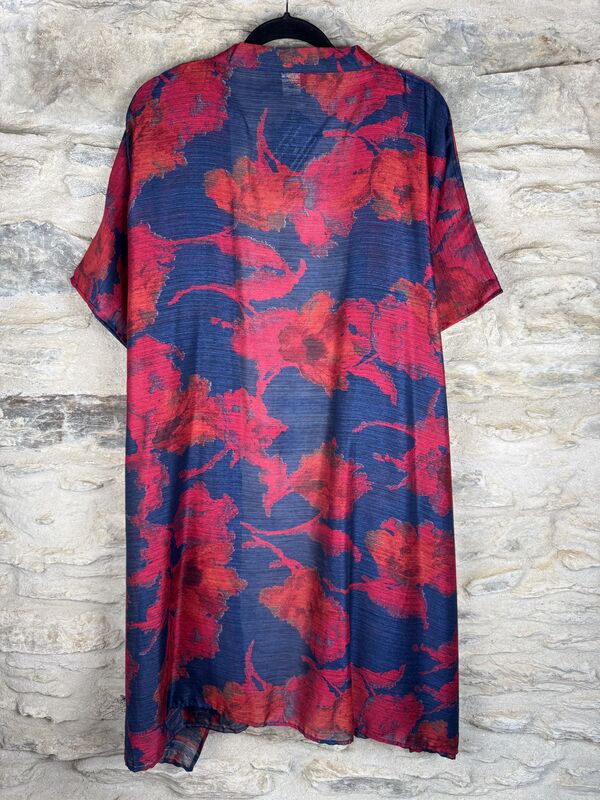 SHORTER LONG KIMONO STYLE JACKET ONE SIZE UK10 to 28: indigo blue, vibrant red, floral - product images  of 