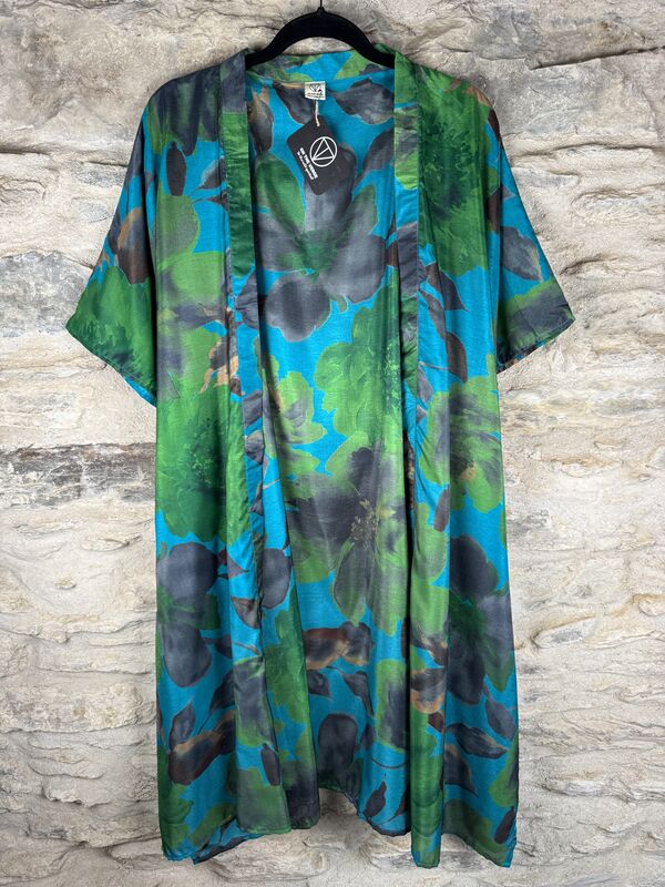 SHORTER LONG KIMONO STYLE JACKET ONE SIZE UK10 to 28: turquoise, green, grey, floral - product images  of 