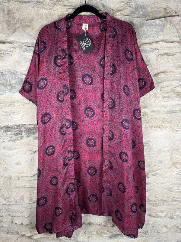 SHORTER LONG KIMONO STYLE JACKET ONE SIZE UK10 to 28: magenta, purple, geometric  - product images  of 