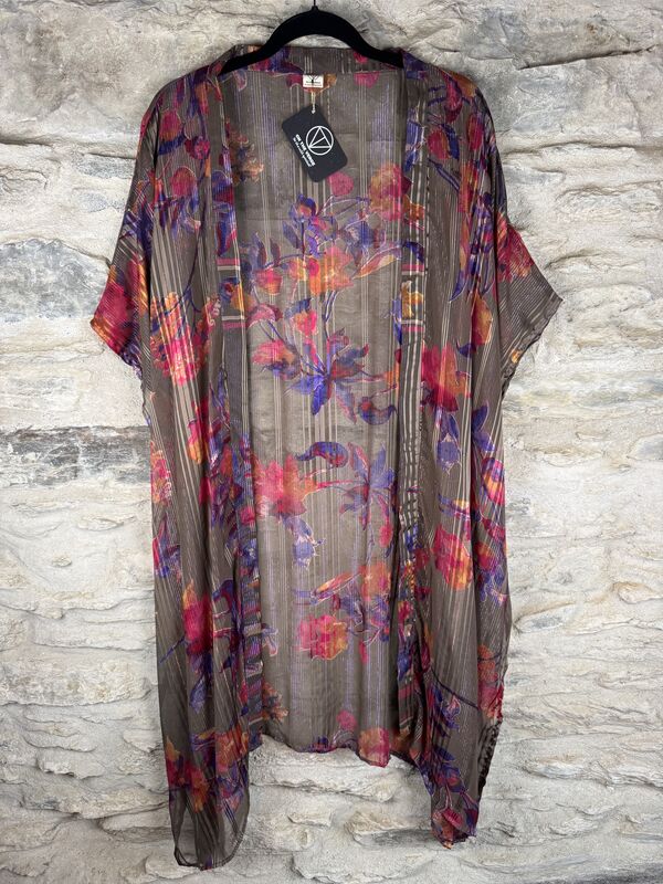 SHORTER LONG KIMONO STYLE JACKET ONE SIZE UK10 to 28: light brown, pink, purple, gold threads  - product images  of 