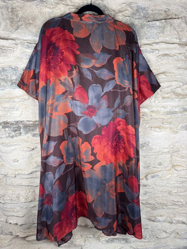 SHORTER LONG KIMONO STYLE JACKET ONE SIZE UK10 to 28: brown, red, orange, grey, floral - product images  of 
