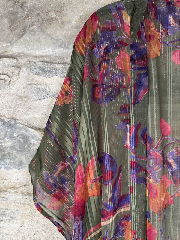SHORTER LONG KIMONO STYLE JACKET ONE SIZE UK10 to 28: green, purple, red, gold threads, floral - product images  of 