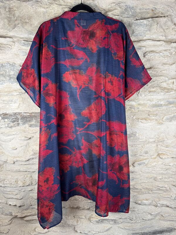 SHORTER LONG KIMONO STYLE JACKET ONE SIZE UK10 to 28: indigo blue, vibrant red, floral - product images  of 