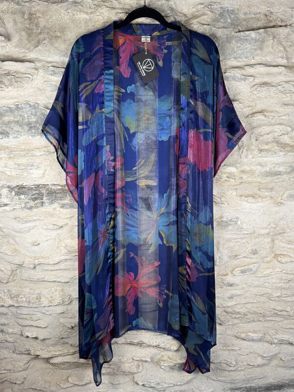 SHORTER LONG KIMONO STYLE JACKET ONE SIZE UK10 to 28: indigo blue, pink, green, floral - product images  of 