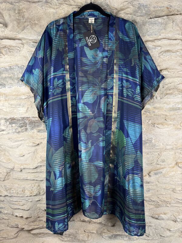 SHORTER LONG KIMONO STYLE JACKET ONE SIZE UK10 to 28: indigo blue, aqua blue, floral - product images  of 