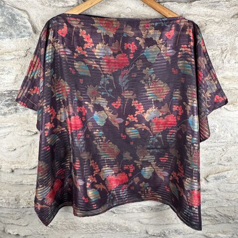 FREEDOM,TOP,SEE-THROUGH,ONE,SIZE,UK,12,to,20:,purple,with,red,and,blue,flowers,Purple, aubergine, floral, freedom, top, on, the verge, polyester, uk, 12,14,16,18,20 